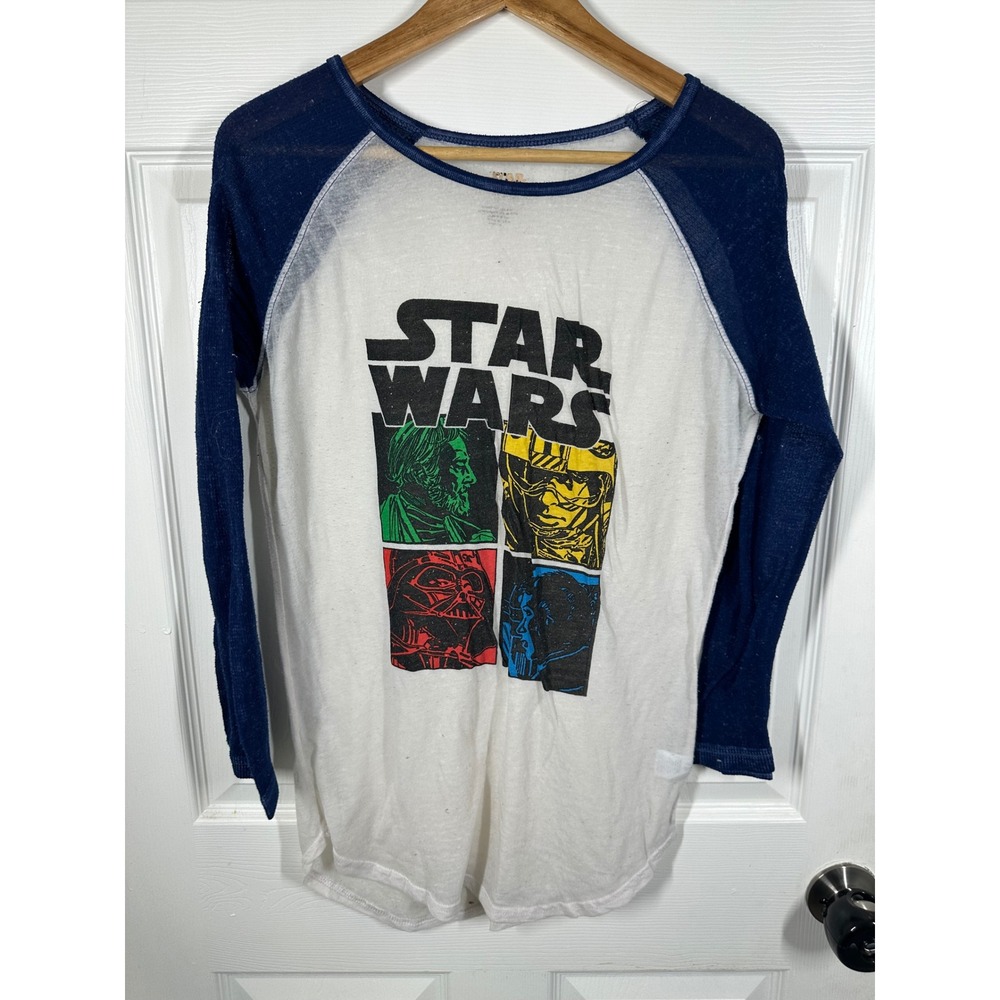 Star Wars Graphic Tee Women L White Blue Raglan Baseball Shirt Long Sleeve 7192